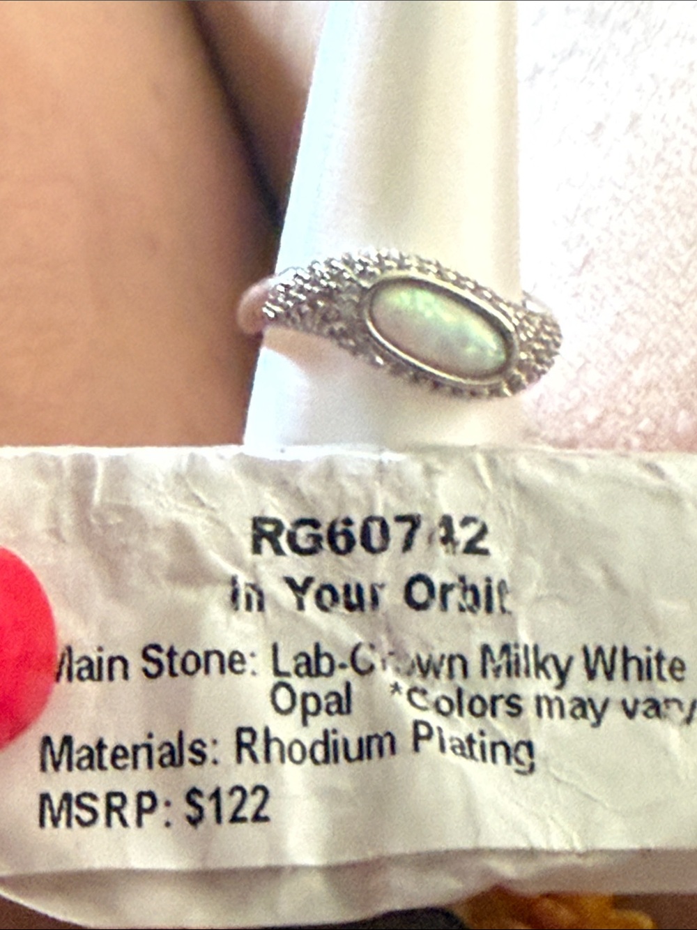 Milky White Opal Rhodium Ring in Silver Tone